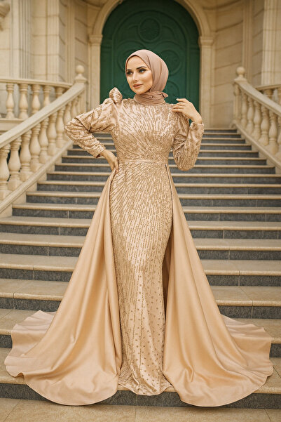 Neva Style فستان سهرة من الساتان بذيل ذهبي 23310gold