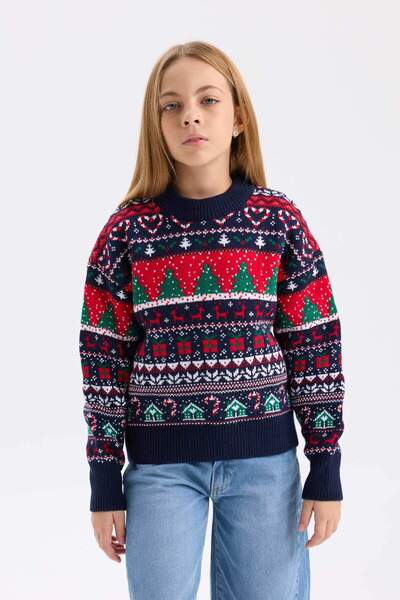 DeFacto Kız Çocuk Bisiklet Yaka Yılbaşı Temalı Triko Kazak D5773A824WN