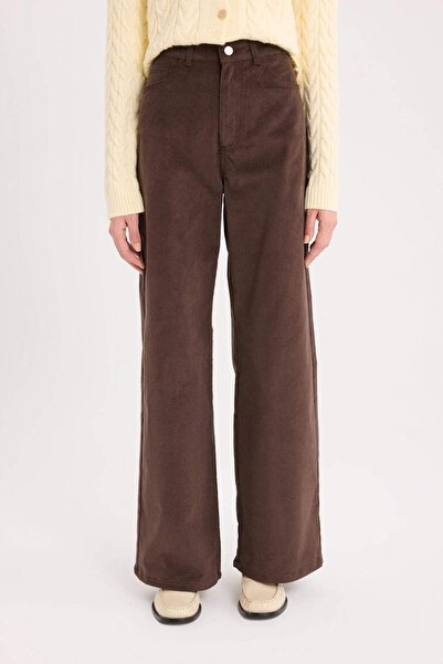 DeFacto Wide Leg Fitilli Kadife Kışlık Pantolon Yüksek Bel Geniş Bol Paça Basic Düz Cepli A4685AX24WN