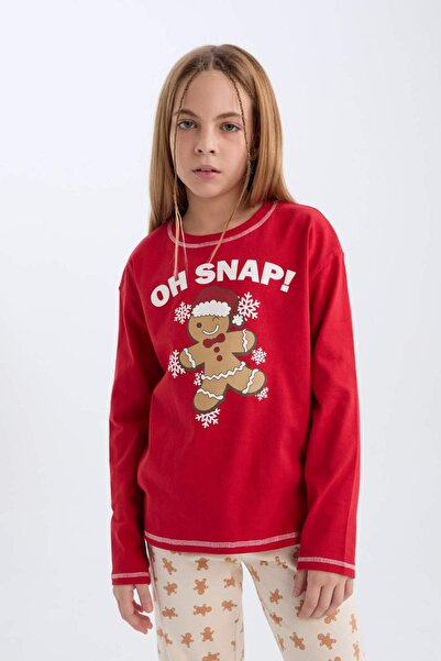 DeFacto Girls' Pajamas Set Christmas Themed Crew Neck Long Sleeve Top Long Bottom B4807A8