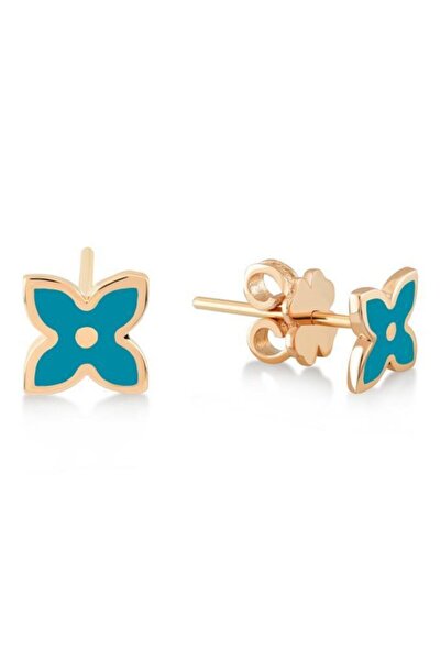 Piano Jewellery Cabaret Çicekli Turkuaz Mineli Altın Küpe 14 Ayar