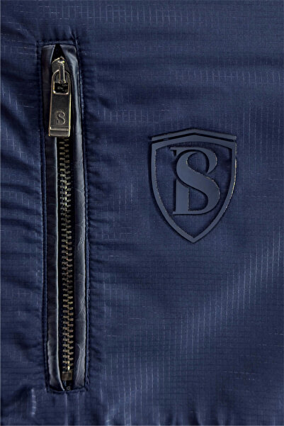 BESSA Navy Blue Burgundy Stand Collar Tracksuit Set Parachute Fabric Detailed Zippered Pocket Straight Leg Men's