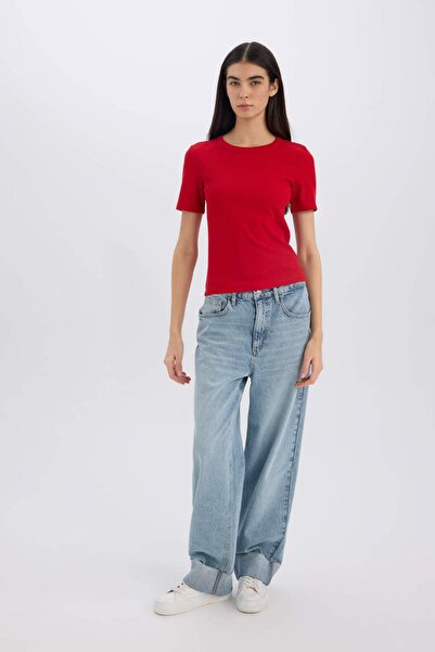 DeFacto Slim Fit Slim Fit Crew Neck Basic Απλό Καμισόλε με κοντό μανίκι κόκκινο μπλουζάκι E4268AX24AU