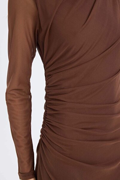 DeFacto Bodycon Vücudu Saran Yarım Balıkçı Yaka Tül Uzun Kollu Maxi Elbise E3548AX24WN