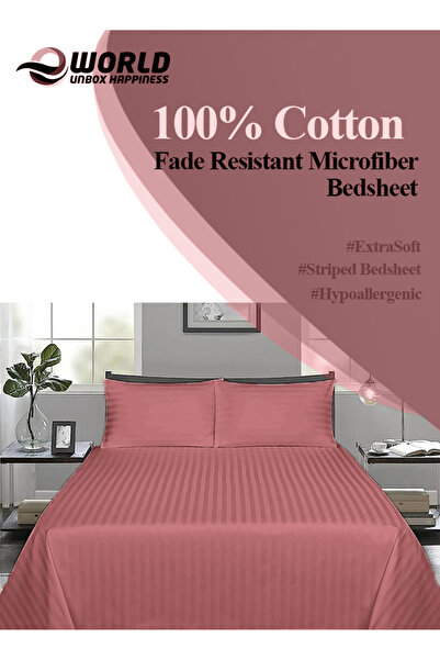 Eworld 3 Piece Maroon Striped Cotton Double Bed Sheet Set – Fitted Sheet & 2 Pillowcases