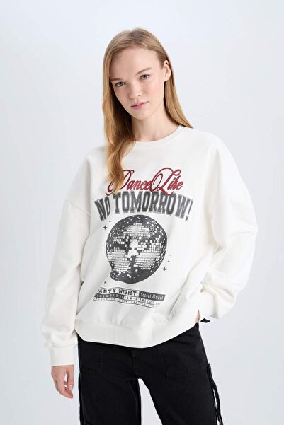 DeFacto Coool Loose Fit Bisiklet Yaka Baskılı Kalın Sweatshirt E1497AX24WN