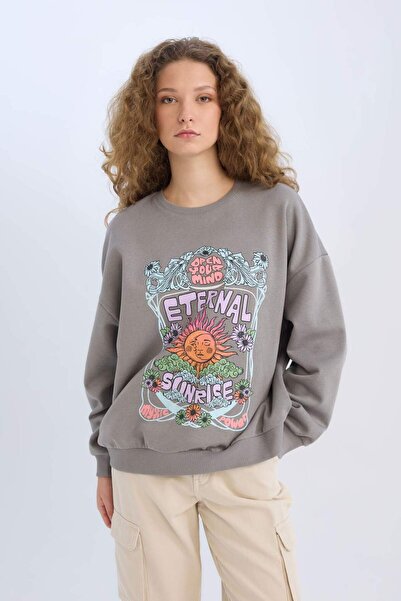 DeFacto Loose Fit Crew Neck Printed Thick Sweatshirt E1481Ax24Wn