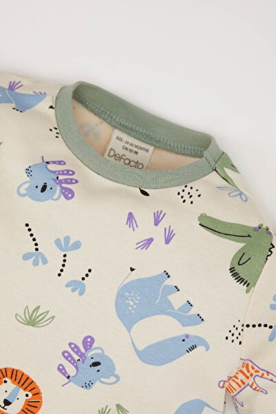 DeFacto Baby Boy Pajamas Set Safari Print Crew Neck Long Sleeve Top Elastic Waist Long Bottom