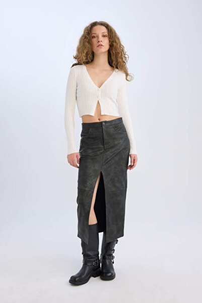 DeFacto Pencil Wash High Waist Faux Leather Midi Skirt D3014Ax24Wn