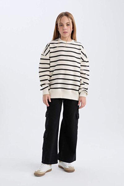 DeFacto Girl's Striped School Sweatshirt - Oversize Crew Neck C7463A824Au