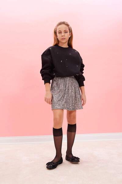 DeFacto Kız Çocuk Yılbaşı Temalı Oversize Geniş Kalıp Bisiklet Yaka Taşlı İçi Yumuşak Tüylü Sweatshirt D5420