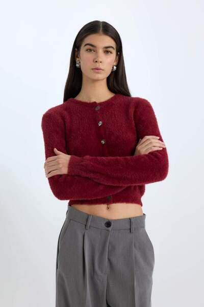 DeFacto Regular Fit Bisiklet Yaka Düğmeli Triko Bordo Hırka E2428AX24WN