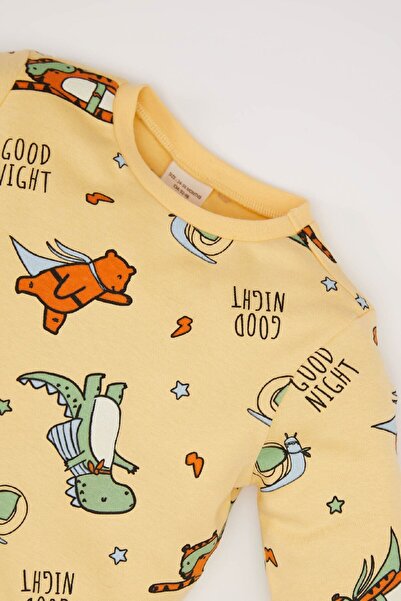 DeFacto Erkek Bebek Pijama Takımı Bisiklet Yaka Dinozor Baskılı Uzun Kollu Üst Beli Lastikli Uzun Alt D7143A