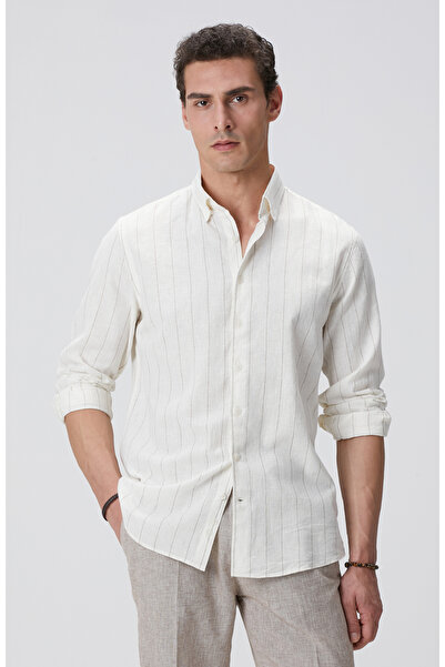 Network Kırık Beyaz Çizgi Desenli Keten Gömlek