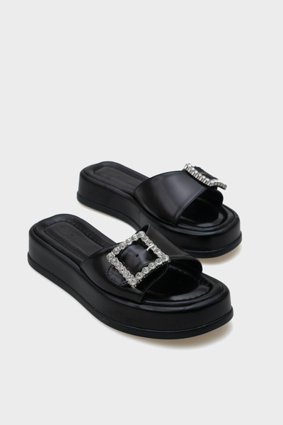 Capone Outfitters Margi Wedge Heeled Single Strap Stone Buckle Metallic Women's Slippers