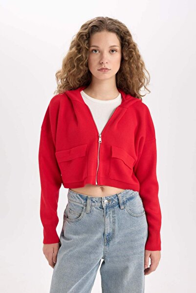 DeFacto Regular Fit Hooded Basic Plain Zippered Knitwear Cardigan E2270Axns