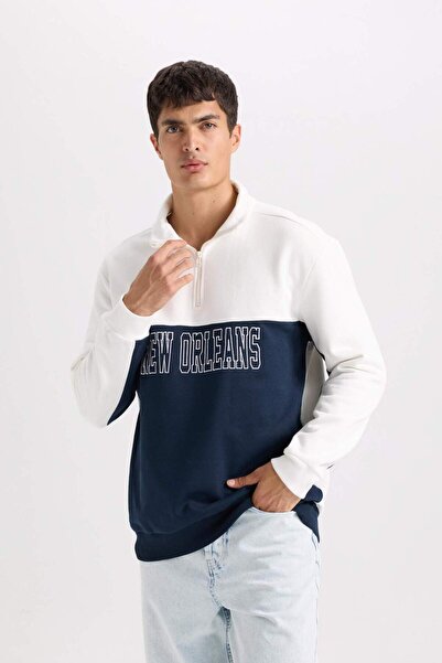 DeFacto Relax Fit Dik Yaka Yarım Fermuarlı Baskılı Kalın Sweatshirt D2169AX24AU