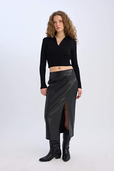DeFacto Pencil High Waist Slit Faux Leather Midi Black Skirt D3015Ax24Wn