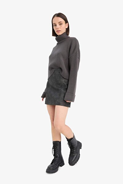 DeFacto Coool A-Line Washed High Waist Faux Leather Mini Skirt D3017Ax24Wn