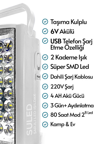 SULED Kamp Lambası Usb Şarj Çıkışlı 6v Akülü 80 Saat - 3gün Aydınlatma 24 Smd Led Işıldak Lamba 220v Şarj