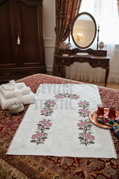 Çt Çeyizci Tekstil Cross Stitch Embroidered Etamine Fabric Single Prayer Rug - Red