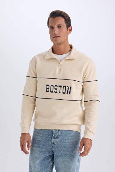 DeFacto Relax Fit Dik Yaka Fermuarlı Baskılı Kalın Sweatshirt D2166AX24AU