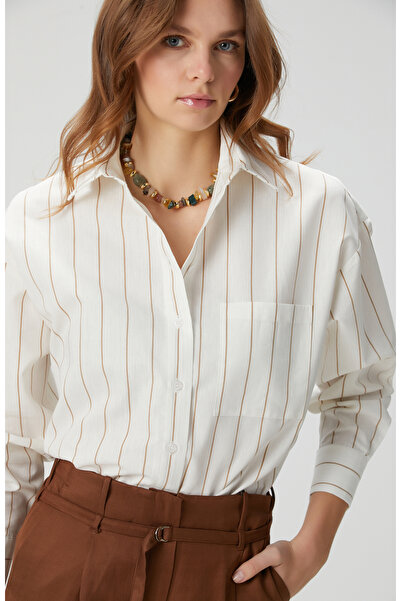 Network Bej Çizgili Keten Karışımlı Gömlek