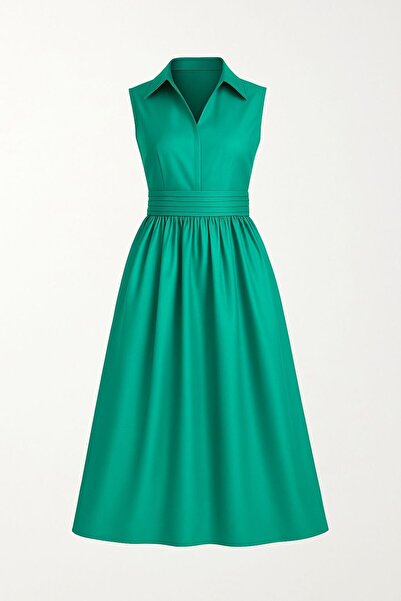 MERT ERKAN Piliseli Kuşaklı Turkuaz Amerikan Saten Kolsuz Midi Gömlek Elbise