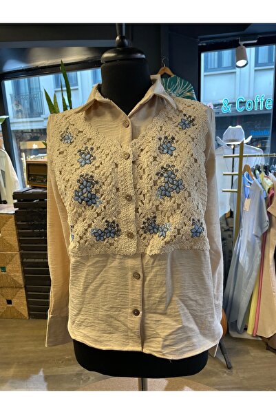 TOPSHOW Women's Long Sleeve Casual Knitted Detailed Embroidered Shirt