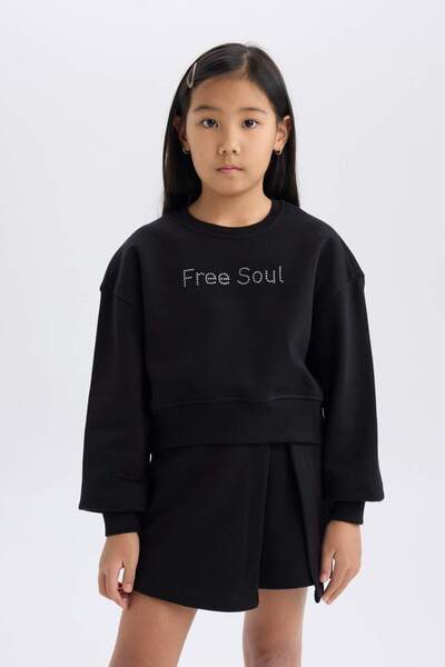 DeFacto Kız Çocuk 2'li Takım Uzun Kollu Baskılı İçi Yumuşak Tüylü Sweatshirt Şort Etek D5460A824WN