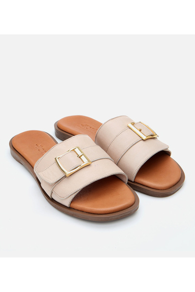 Hotiç Women's Leather Beige Belt Detailed Flat Slippers