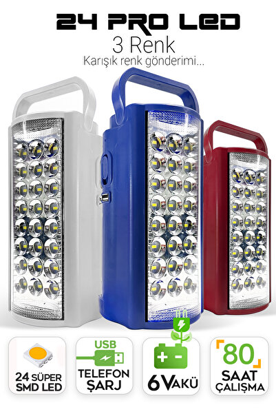 SULED Kamp Lambası Usb Şarj Çıkışlı 6v Akülü 80 Saat - 3gün Aydınlatma 24 Smd Led Işıldak Lamba 220v Şarj