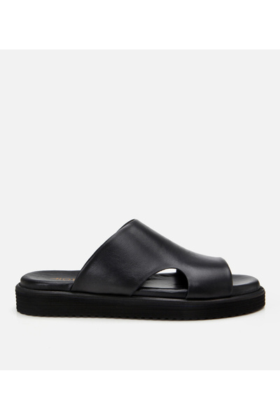 Hotiç Men's Leather Black Ultra Light Sole Slippers