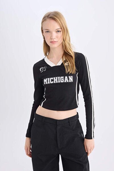 DeFacto Fitted Baskılı Uzun Kollu Tişört D6697AX24WN