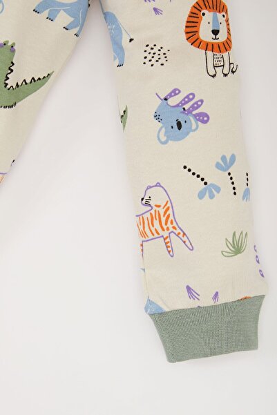 DeFacto Baby Boy Pajamas Set Safari Print Crew Neck Long Sleeve Top Elastic Waist Long Bottom