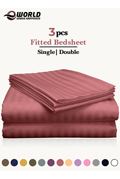 Eworld 3 Piece Maroon Striped Cotton Double Bed Sheet Set – Fitted Sheet & 2 Pillowcases