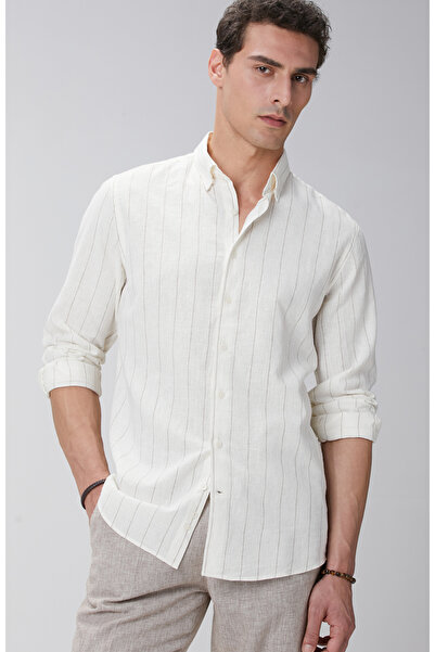 Network Kırık Beyaz Çizgi Desenli Keten Gömlek