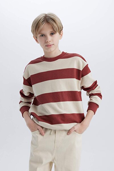 DeFacto Boy Oversize Wide Fit Crew Neck Striped Sweatshirt D5677A8