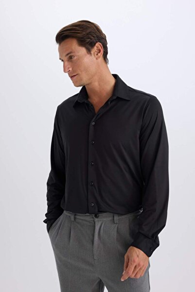 DeFacto Slim Fit Dar Kesim Polo Yaka Uzun Kollu Siyah Gömlek D4525AX24AU