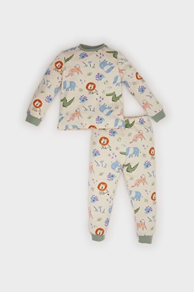 DeFacto Baby Boy Pajamas Set Safari Print Crew Neck Long Sleeve Top Elastic Waist Long Bottom