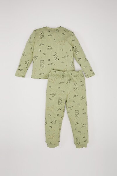 DeFacto Erkek Bebek Pijama Takımı Ayı Baskılı Uzun Kollu Fitilli Kaşkorse Üst Beli Lastikli Uzun Alt D7151A