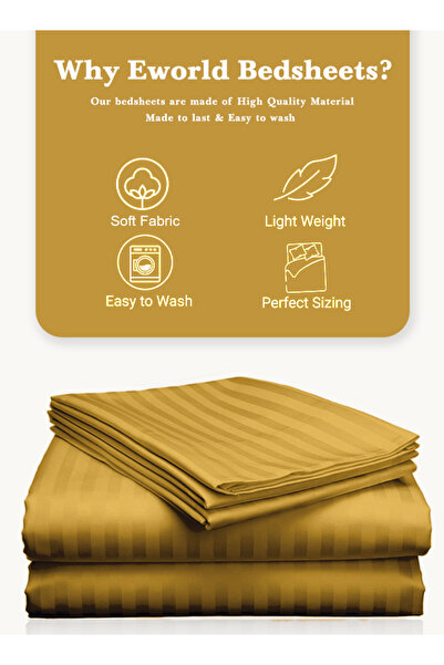 Eworld 3 Piece Gold Striped Cotton Double Bed Sheet Set – Fitted Sheet & 2 Pillowcases