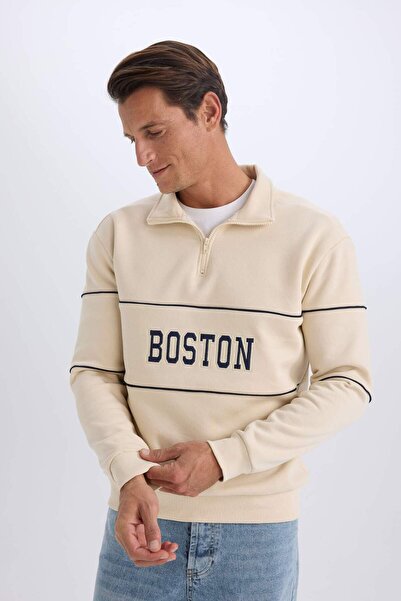 DeFacto Relax Fit Dik Yaka Fermuarlı Baskılı Kalın Sweatshirt D2166AX24AU