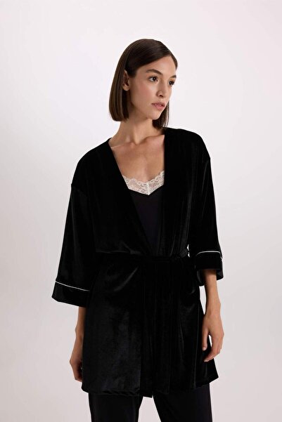 DeFacto Regular Fit Wrap Collar Velvet Half Sleeve Dressing Gown-Fall in Love D6447Ax24Wn