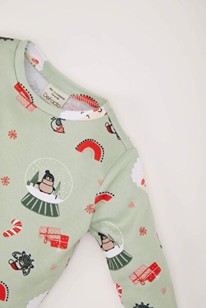 DeFacto Kız Bebek Yılbaşı Temalı Pijama Takımı Uzun Kollu Üst Beli Lastikli Alt D7160A524WN