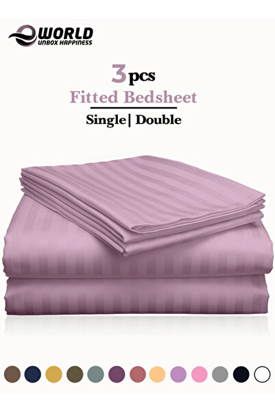 Eworld 3 Piece Pink Striped Cotton Double Bed Sheet Set – Fitted Sheet & 2 Pillowcases