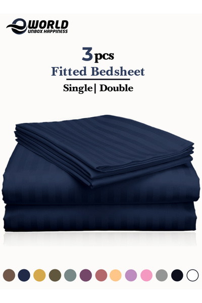 Eworld 3 Piece Navy Blue Striped Cotton Double Bed Sheet Set – Fitted Sheet & 2 Pillowcases