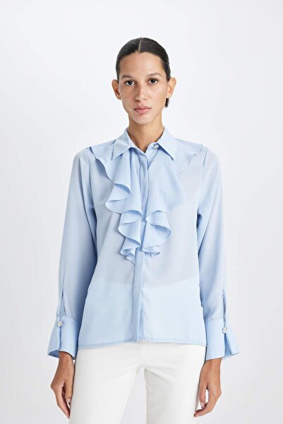 DeFacto Regular Fit Flounced Collar Stones Button Crepe Long Sleeve Blouse D3146Ax24Au