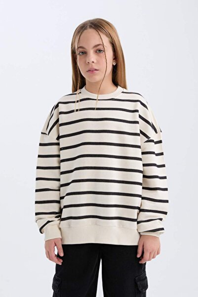 DeFacto Girl's Striped School Sweatshirt - Oversize Crew Neck C7463A824Au