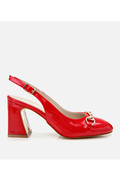 Hotiç Women's Patent Leather Red Open Back Thick Heeled Shoes